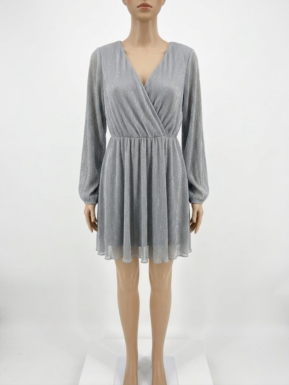 Silver Long-Sleeve Wrap Skater Dress